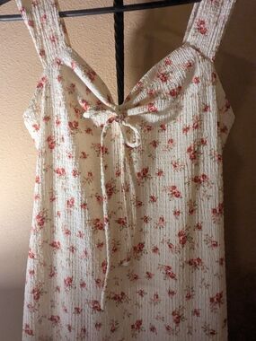 See You Monday Cream Maxi Dress with Red Floral Tie Front Large NWT